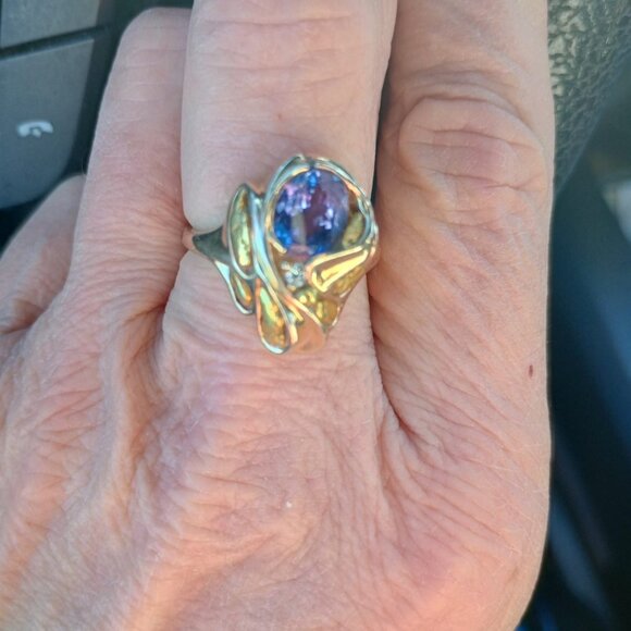 14k Gold Nugget Ring, 1.6 ct natural tanzanite and small diamond size 9-9.5 - Picture 6 of 11